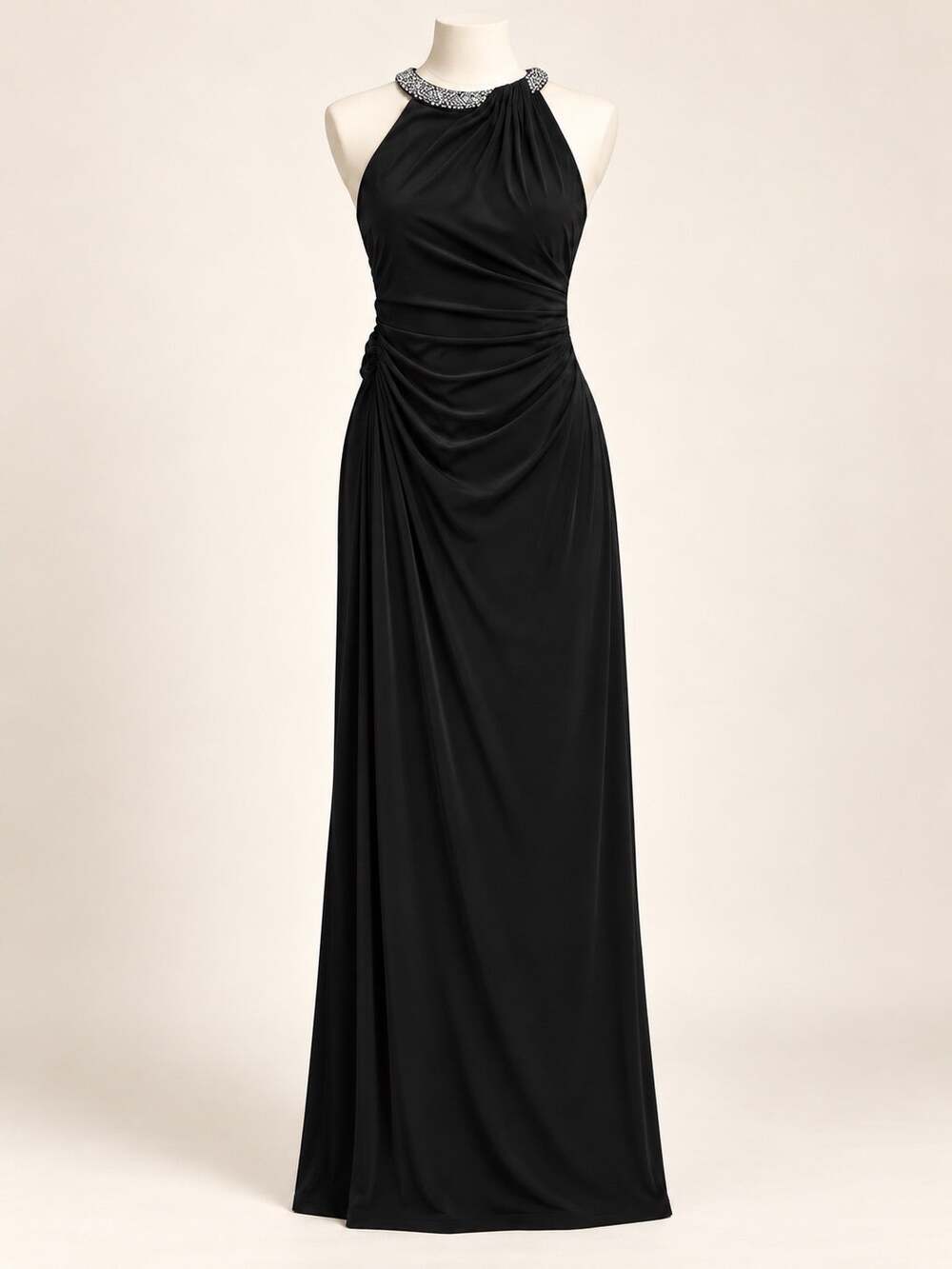 Lauren Ralph Lauren Evening Dress 8 Black Rhinestone Halter Ruched Long Gown